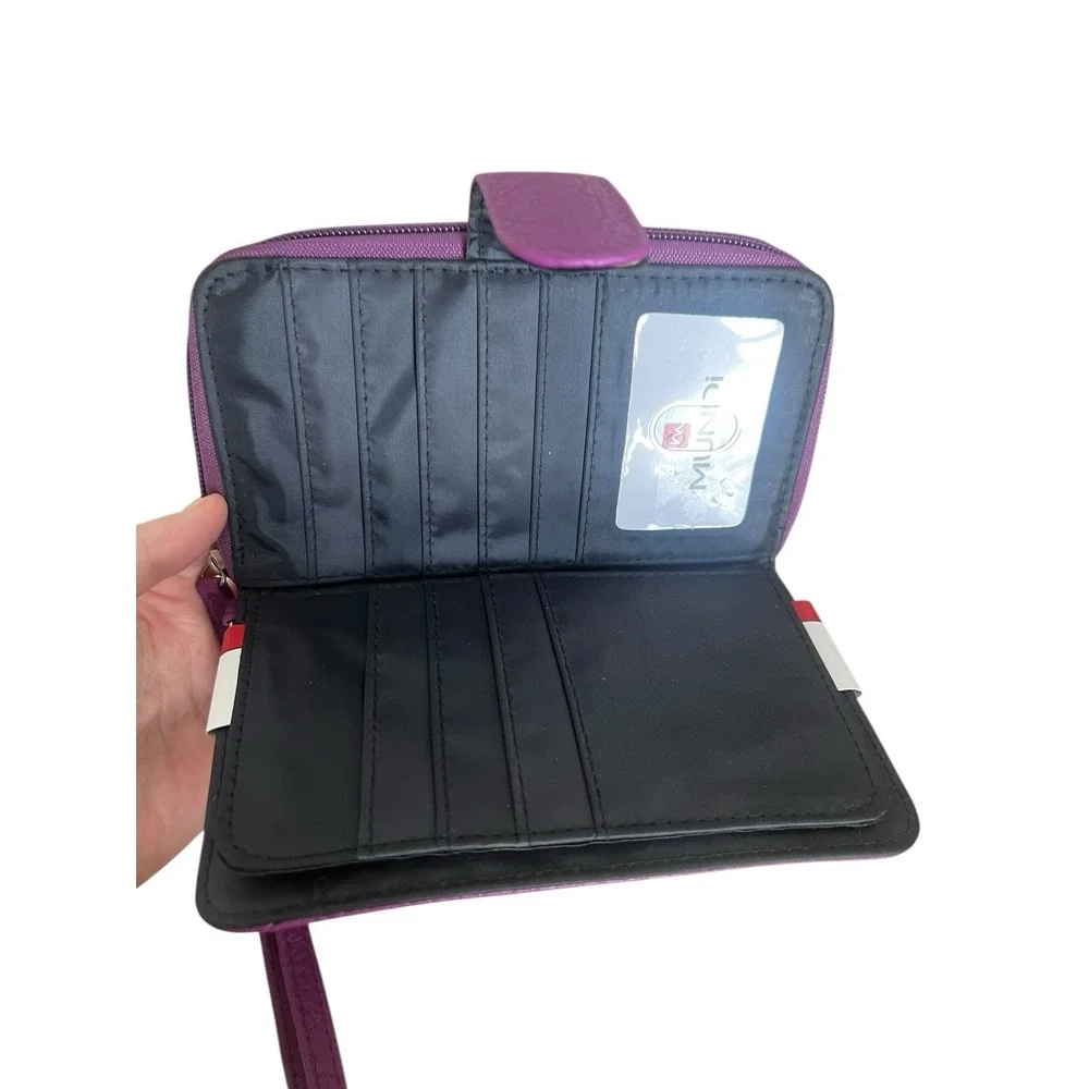 Mundi All In One Magenta Clutch Safe Keeper Zipper Photos Card Slots Wrist Strap